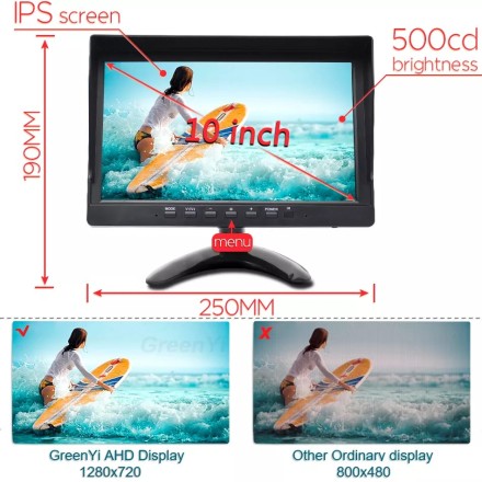 Видеорегистратор 10 дюймов с поддержкой 4 AHD-камер с разрешением экрана 1024х600 (IPS) на скобе