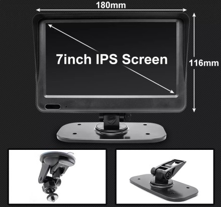Видеорегистратор-монитор 7 дюймов со встроенной камерой переднего вида и входом М12 для камеры заднего вида на кронштейне